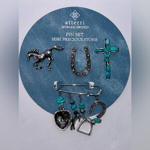 ATTERRI WOMAN‎ OWNED SILVER TONE SEMI PRECIOUS STONE 4 PINS EQUESTRIAN MOTIF NIP